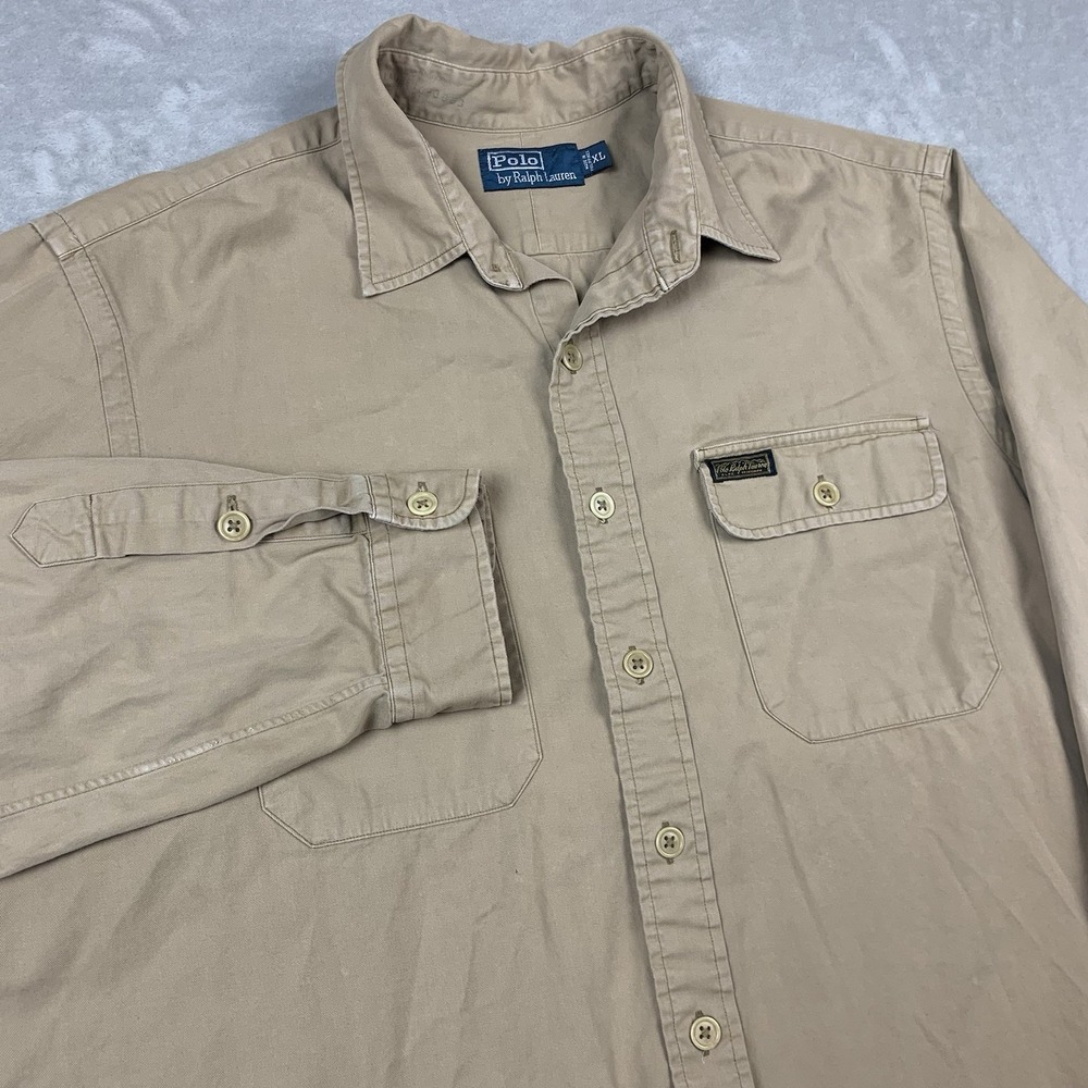 Polo Ralph Lauren Shirt XL Khaki Long Sleeve Button Up Pockets Cotton Spot*